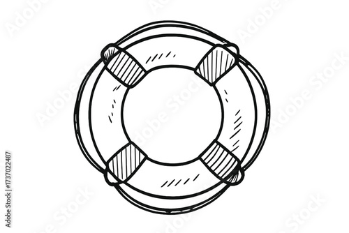 Hand-drawn lifebuoy ring vector illustration, safety rescue buoy, emergency flotation device, nautical safety equipment, doodle style icon, isolated white background