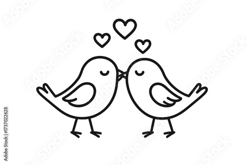 Cute little birds kissing in love. A pair of romantic lovebirds with hearts. Vector trendy thin line icon for Valentine's day, romance, wedding, anniversary, engagement, honeymoon.