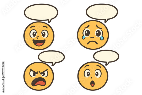 Cartoon faces with emotions for kids emotional learning. Set of cute emoji characters: happy, sad, angry, surprised. Vector illustration with blank speech bubbles for text.