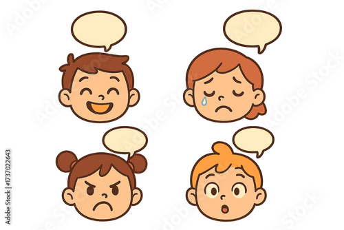 Kids emotional expressions set. Cute cartoon faces showing happy, sad, angry, surprised feelings. Vector for children's emotional learning, psychology, with speech bubbles.