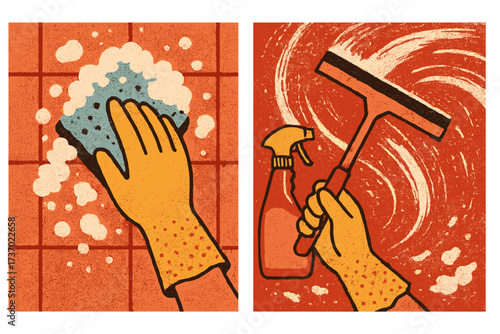 Spring cleaning illustration. Cleaning service concept. Hand in glove with sponge, squeegee. Housework, hygiene, disinfection. Washing tile, window. Household chores banner set.