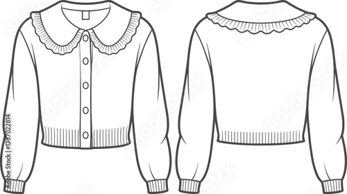 cad drawing flat vector illustration technical fashion design front and back women blouse template with scallop collar button and rib details