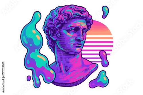 Vaporwave aesthetic. Retrowave synthwave style. Postmodern Greek sculpture. Psychedelic antique statue head. 80s and 90s fluid art. Neon slime blobs. T-shirt print design.