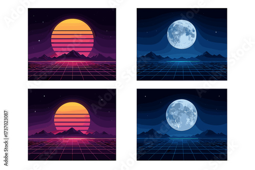 Synthwave retro 80s futuristic landscape collection with glowing sun and moon. Vintage cyber world with neon grid floor and mountains on the horizon. Digital space background set.