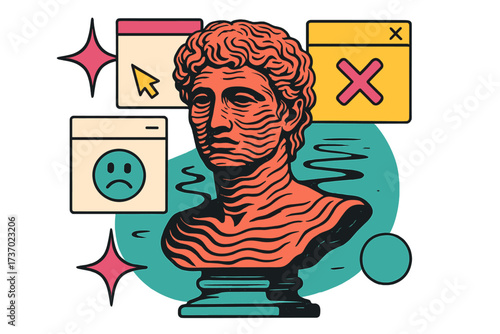 Vaporwave aesthetic poster with ancient statue. Digital collage concept with retro web UI popups, error window and sad face. Mental health in the internet age. Glitch art vector.