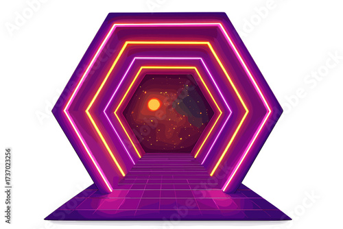Futuristic sci-fi background with a glowing neon hexagonal portal. Retro 80s synthwave style tunnel with a grid floor leading to a cosmic scene with a sun and stars.