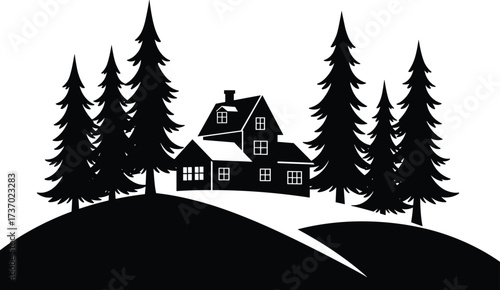 vector illustration of house with pine trees on hill black white landscape rural countryside nature scenery silhouette forest home design