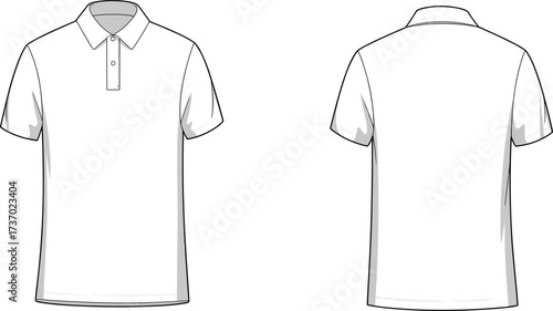 Flat vector white polo shirt front and back view, short sleeve casual fashion apparel design, plain clothing template, isolated illustration