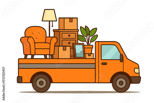 Moving day concept with a truck full of home furniture and cardboard boxes. Relocation to new house banner. Van delivering goods. Transport service for moving. Vector illustration.