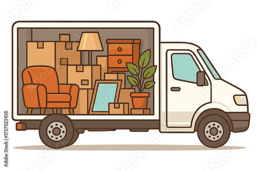 Moving truck full of furniture and cardboard boxes. Concept of relocation to a new house. Delivery service van for moving day. Home belongings packed for transport.