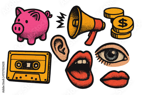 Retro Y2K collage elements with halftone texture. Pop art icons for design. Vector set includes piggy bank for savings, money, loudspeaker, cassette, ear, mouth and eye.
