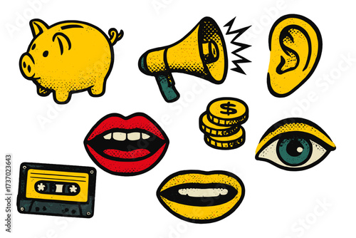 Y2K halftone collage elements set in a retro pop art style. Vector icons for mixed media design including piggy bank, loudspeaker, golden coins, cassette, eye, ear, and mouth shapes.