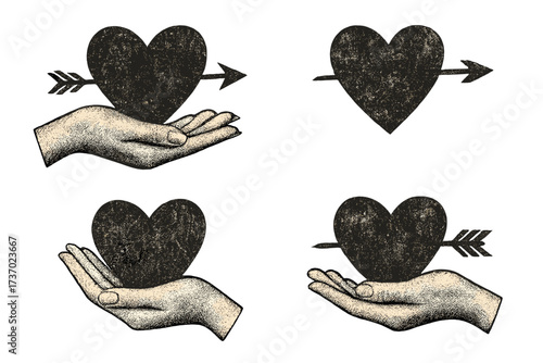 Valentine's Day vector set. Hand holding heart pierced by arrow. Love, romance, charity concept. Retro paper cut collage with grunge texture. Engraving style vintage icons.