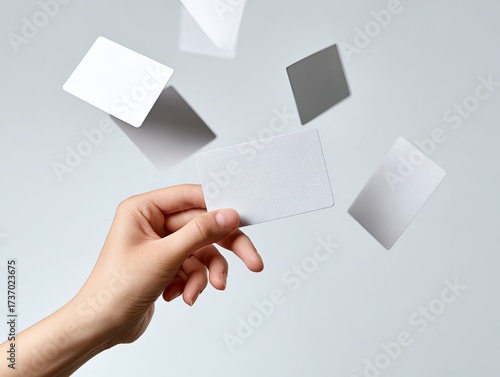 A human hand holds a card with other cards floating around against a light gray background