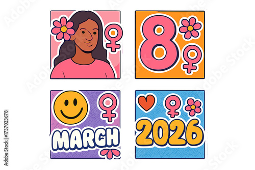 International Women's Day 2026 banners set. 8 March social media graphics with pop art woman portrait & feminist symbols. Y2k groovy aesthetic greeting card or sticker pack.