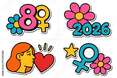 International Women's Day 2026 sticker set. 8 March greeting card collage elements. Pop art y2k style banner. Feminist empowerment concept with female gender symbol.