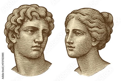 Halftone vector art of classical Greek statue heads. Male and female face profiles looking at each other. Concept for love, romance, relationship. Ancient vintage engraving style.