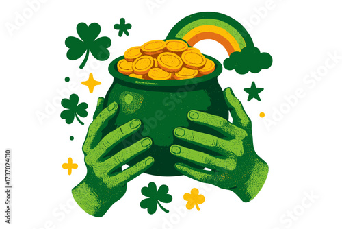 St. Patrick's Day vector art with hands holding a pot of gold coins. Retro Irish holiday concept with rainbow and shamrocks. Luck, treasure, and fortune celebration design.