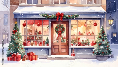 A watercolor painting of a christmas store front with christmas trees and gifts in the snow outside. Festive season artwork holiday shop facade evergreen present winter scene.