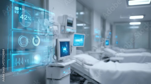 High tech hospital environment featuring digital screens and medical devices monitoring patient health in real time. Futuristic healthcare technology enhances patient care and diagnostics