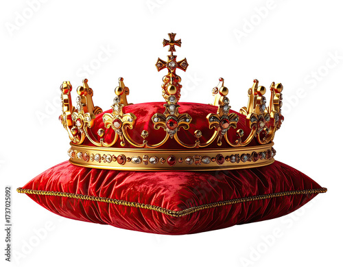 Ornate golden crown resting on a red velvet cushion