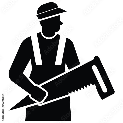carpenter with saw silhouette vector icon