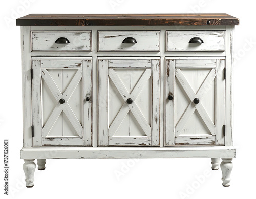 White distressed wooden buffet with dark wood top