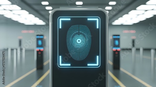 futuristic biometric face scan hologram system at airport security checkpoint advanced digital identification technology for passenger verification modern ai recognition concept