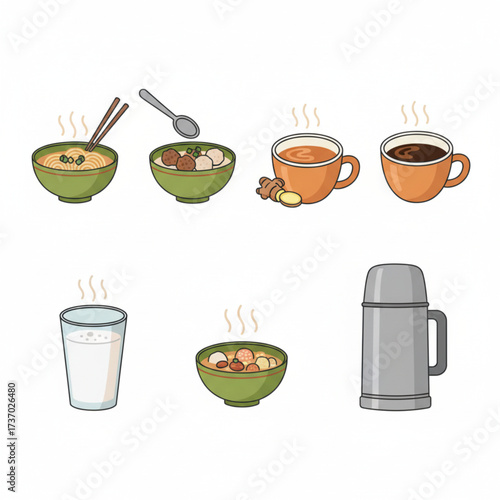 Hot Food and Drinks Icon Set on White Background