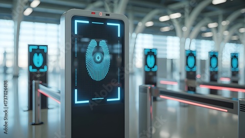 futuristic biometric face scan hologram system at airport security checkpoint advanced digital identification technology for passenger verification modern ai recognition concept