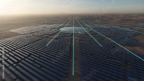 aerial view of futuristic desert solar panel field with glowing holographic energy flow sustainable renewable power technology clean electricity smart grid innovation