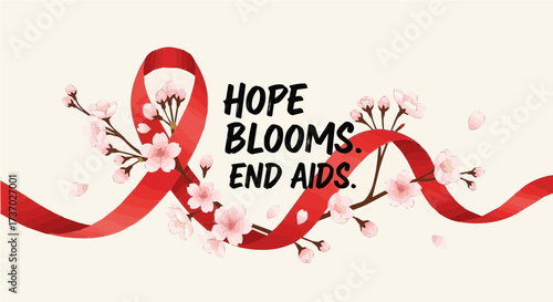 Elegant red awareness ribbon intertwined with blossoming cherry branches, conveying a message of "Hope Blooms. End AIDS." for World AIDS Day and HIV awareness campaigns.