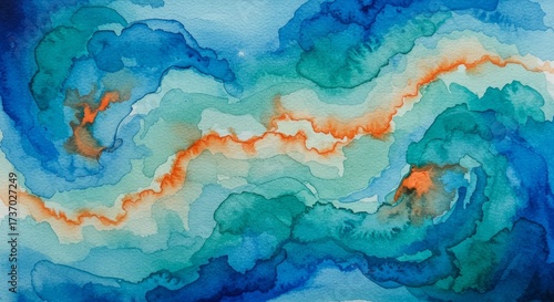 Abstract watercolor swirls of blue green and orange evoking ocean currents and natural textures