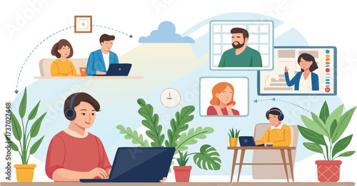 Remote team collaboration with video conferencing in a modern virtual office environment setting