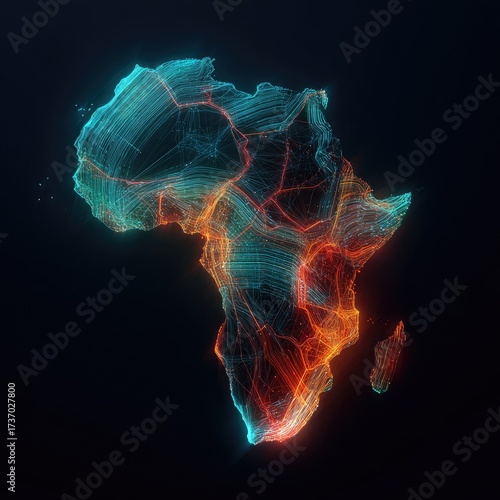 Abstract map of Africa, glowing with vibrant lines