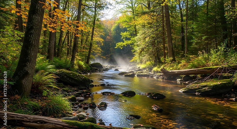 Obraz premium Serene autumn stream flowing through a lush forest landscape in Pennsylvania