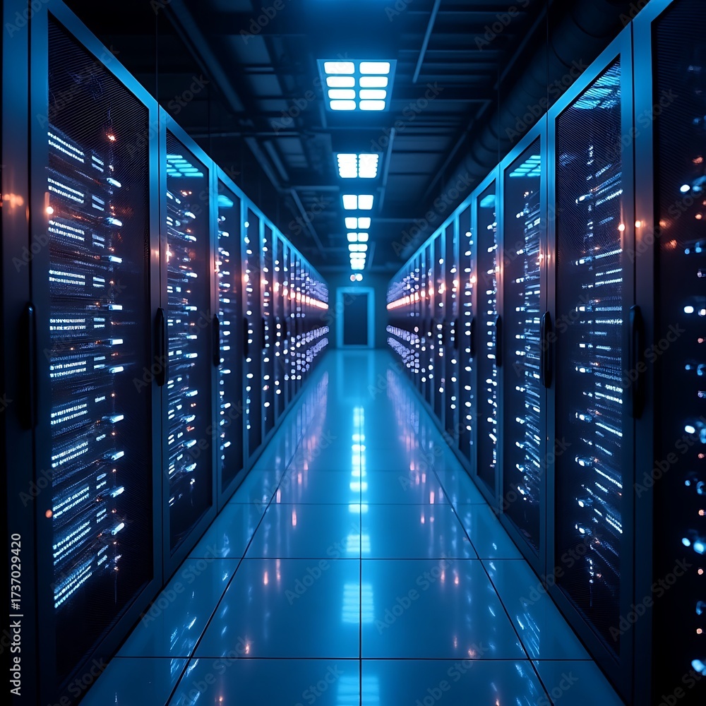 Obraz premium Futuristic Data Center Corridor with Glowing Blue Lights and Servers in Rows
