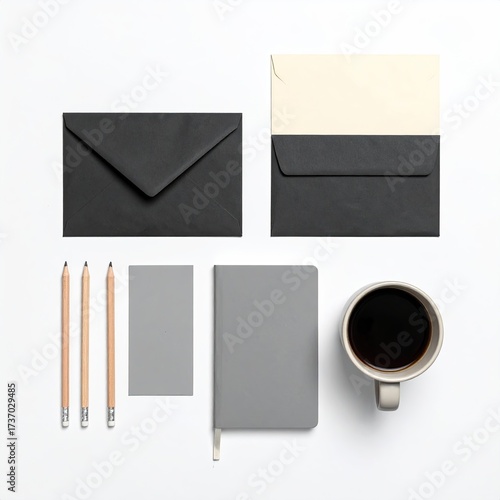 Flatlay of office supplies; notebook, envelopes, pencils, coffee