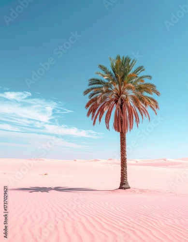 Palm tree stands in vast, pink desert under a clear, blue sky