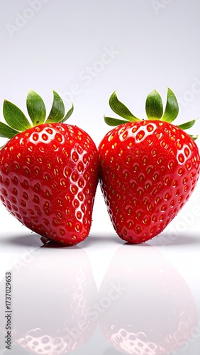 Two bright red strawberries close together on white