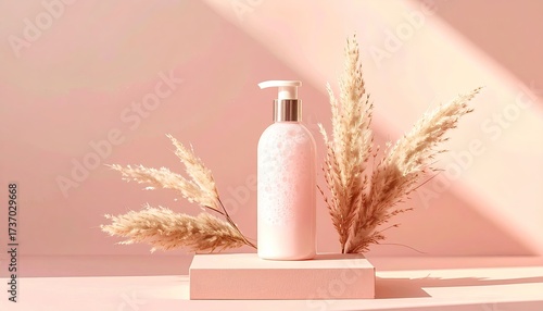Pink bottle display with pampas grass, soft lighting