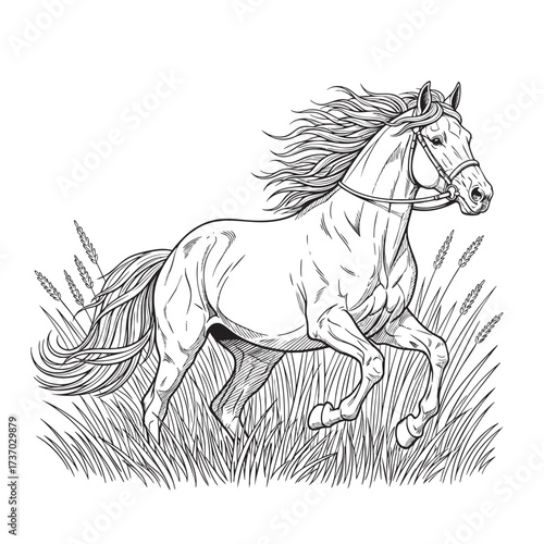 A beautiful handdrawn horse with a flowing mane and bridle running through a field of tall grass.