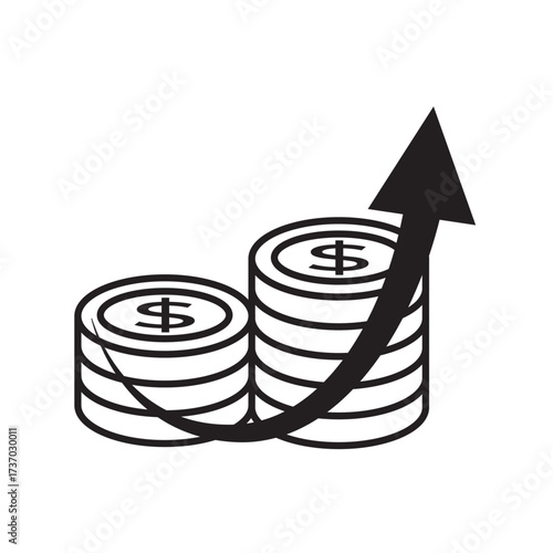 Minimalist line icon of stacked coins with an upward arrow, symbolizing wealth growth. Ideal for illustrating investment returns, financial success, economic rise, and savings increase.