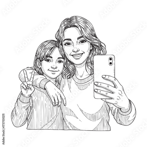 A black and white line art illustration of a smiling mother and daughter taking a selfie with a smartphone.