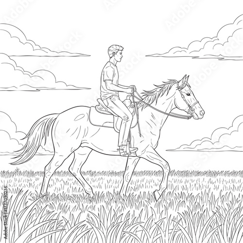 A black and white line art illustration of a young man riding a horse through a grassy field.
