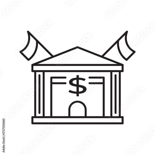 Minimalist line icon of a building with a flag and dollar sign, symbolizing national wealth. Ideal for illustrating economic pride, investment growth, financial stability, and patriotic prosperity.