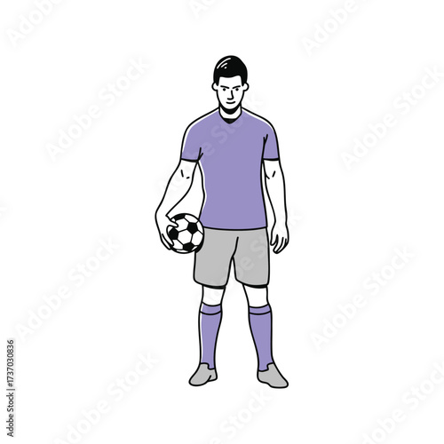 A soccer player stands holding a ball, wearing a purple shirt and gray shorts, looking forward.