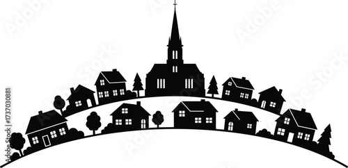 black and white silhouette illustration of village houses with church building on hill countryside rural landscape vector artwork design graphic