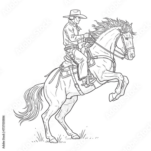 A detailed black and white line art illustration of a cowboy riding a rearing horse.