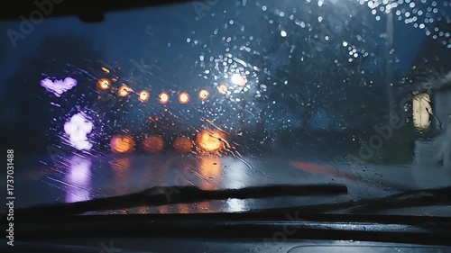superhero child in rain with yellow umbrella at night through wet car window blurred halloween lights pure childhood joy.